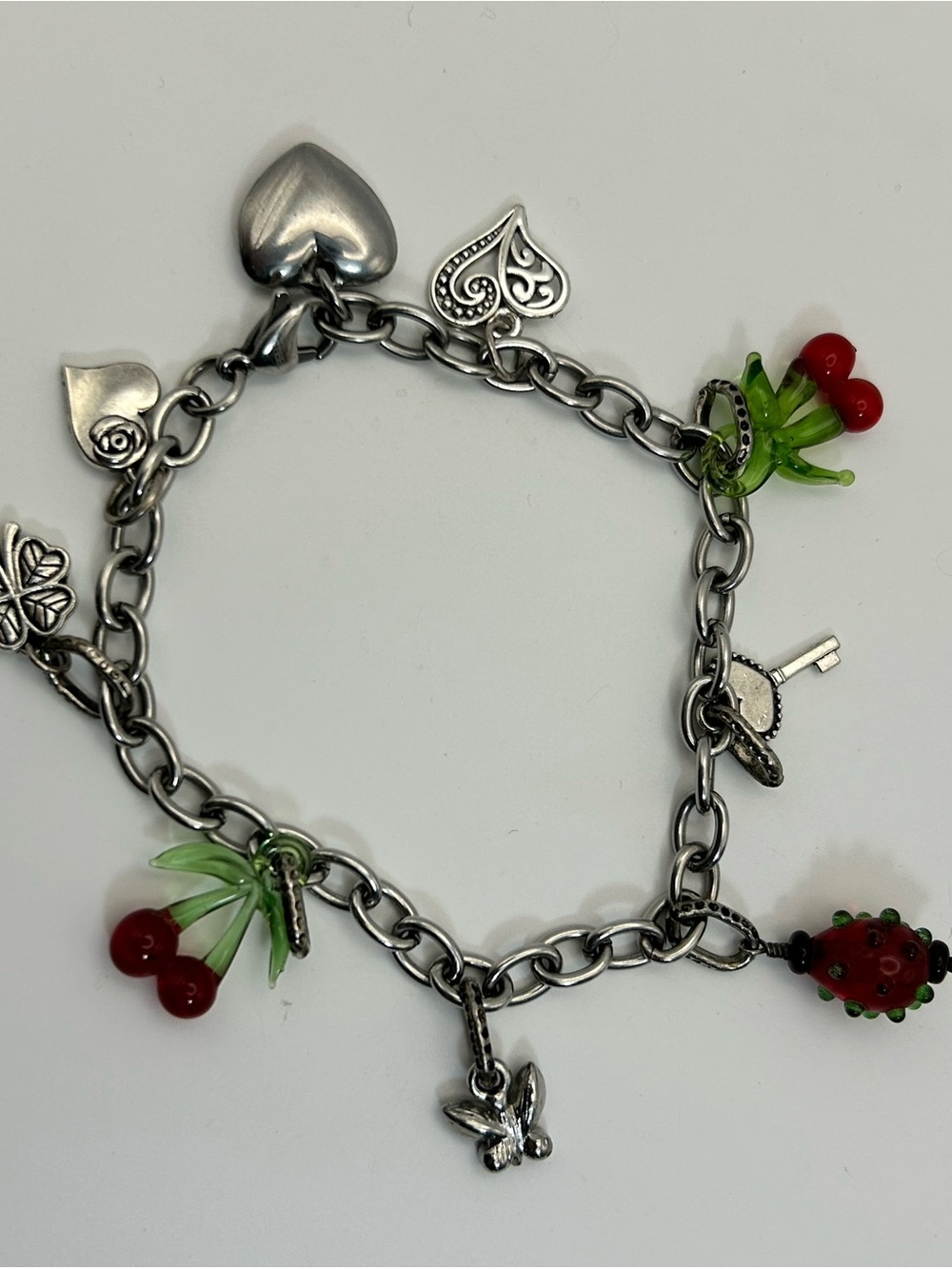 Red Cherry Charm Bracelet Silver-tone Strawberry Hearts Clover Oval Link 8" - Picture 2 of 10